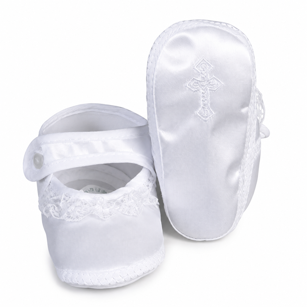 Satin Christening Shoes with Embroidered Cross (up to 10 months)
