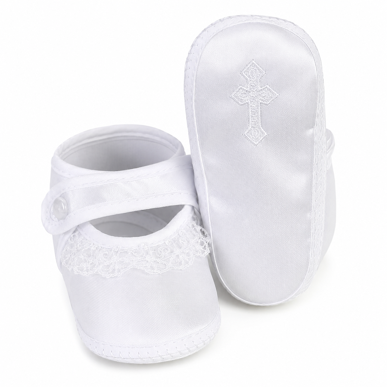 Girls Satin Bootie with Lace & Embroidered Cross- Sizes 6-14 months)