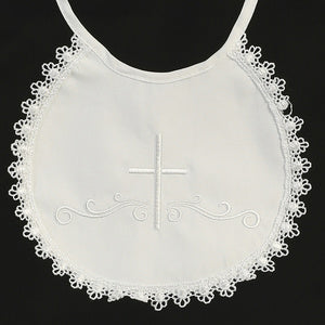 Lace Trim Embroidered Cross Christening Bib