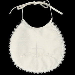 Raw Silk & Lace Embroidered Cross Christening Bib