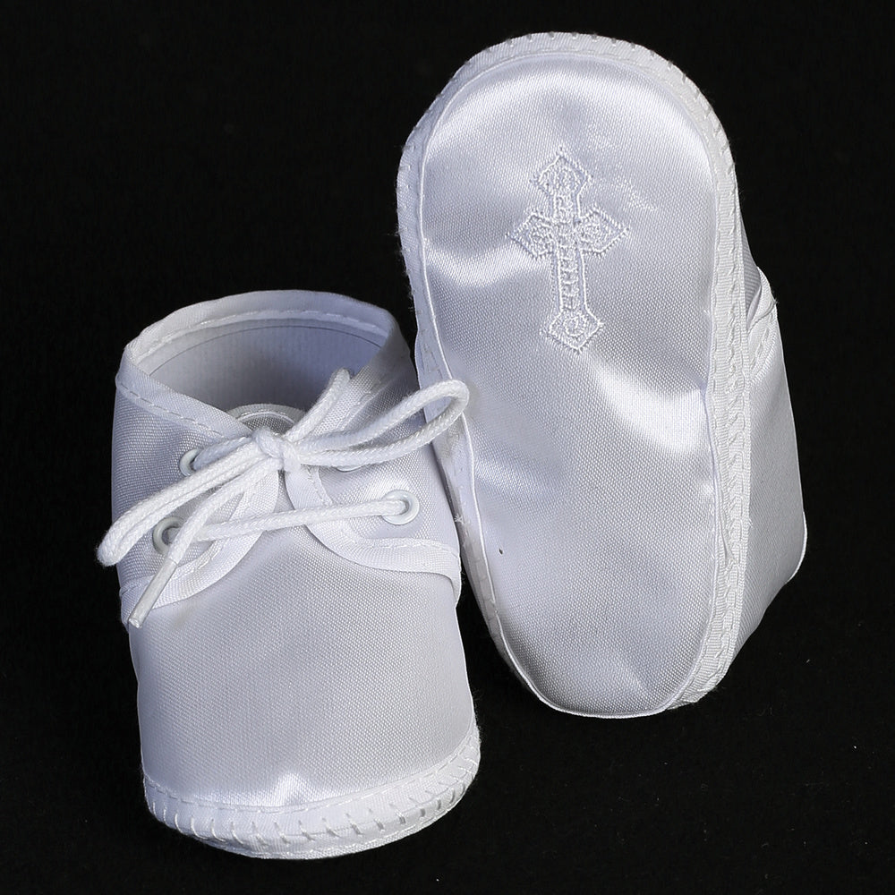 Boy's White Satin Baby Christening Bootie's with Embroidered Cross (Sizes 6-14 months)