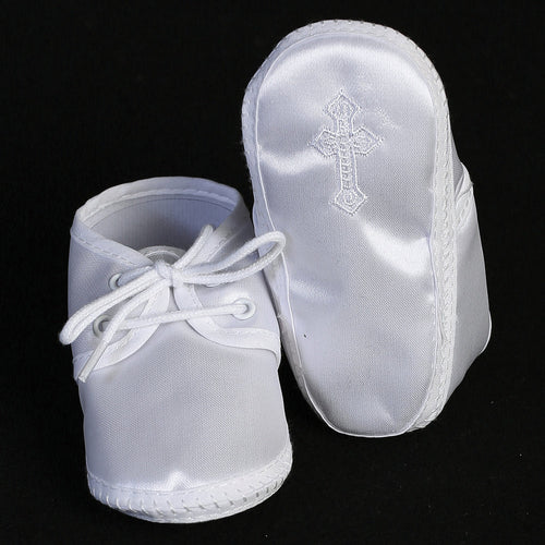Boy's White Satin Baby Christening Bootie's with Embroidered Cross (Sizes 6-14 months)