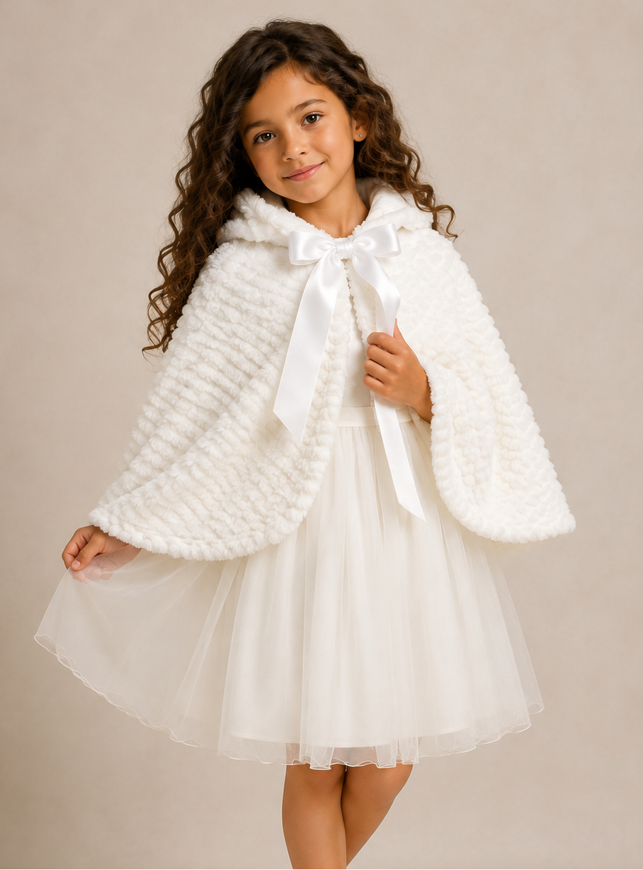 Faux Fur Hooded Cape - White, Ivory, Black