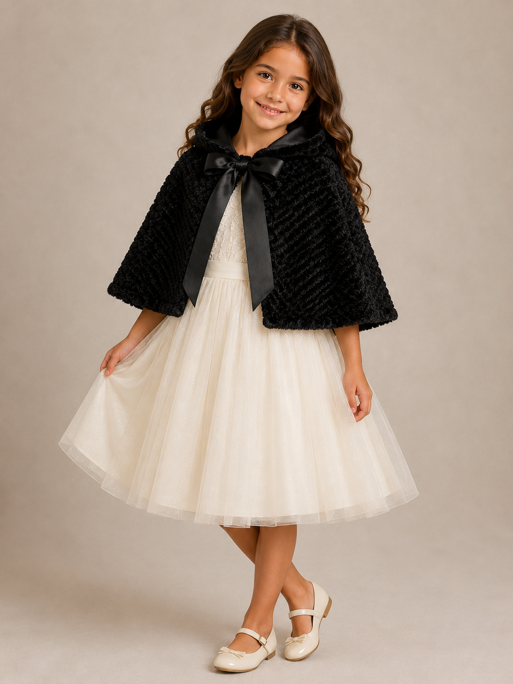 Faux Fur Hooded Cape - White, Ivory, Black