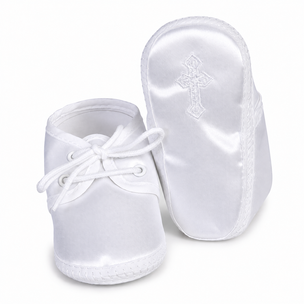 Satin Christening Booties with Embroidered Cross (up to 14 months)