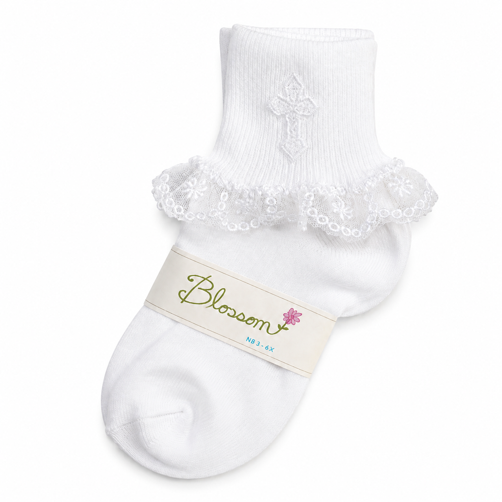 Lace Ruffle Christening Socks with Embroidered Cross - Girl's