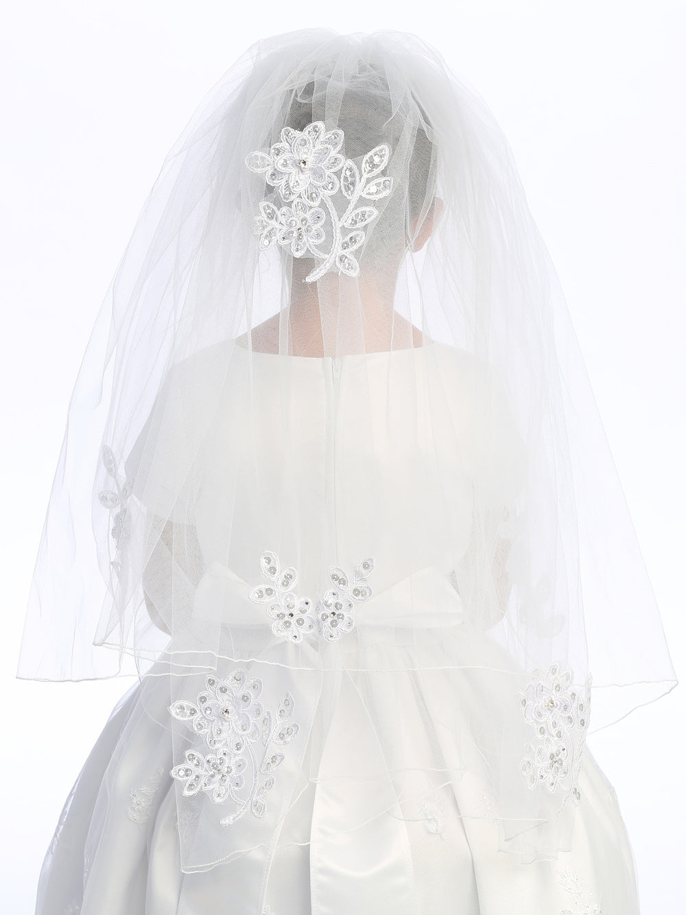 Girls' Two-Tier First Communion Veil with Lace Appliqués