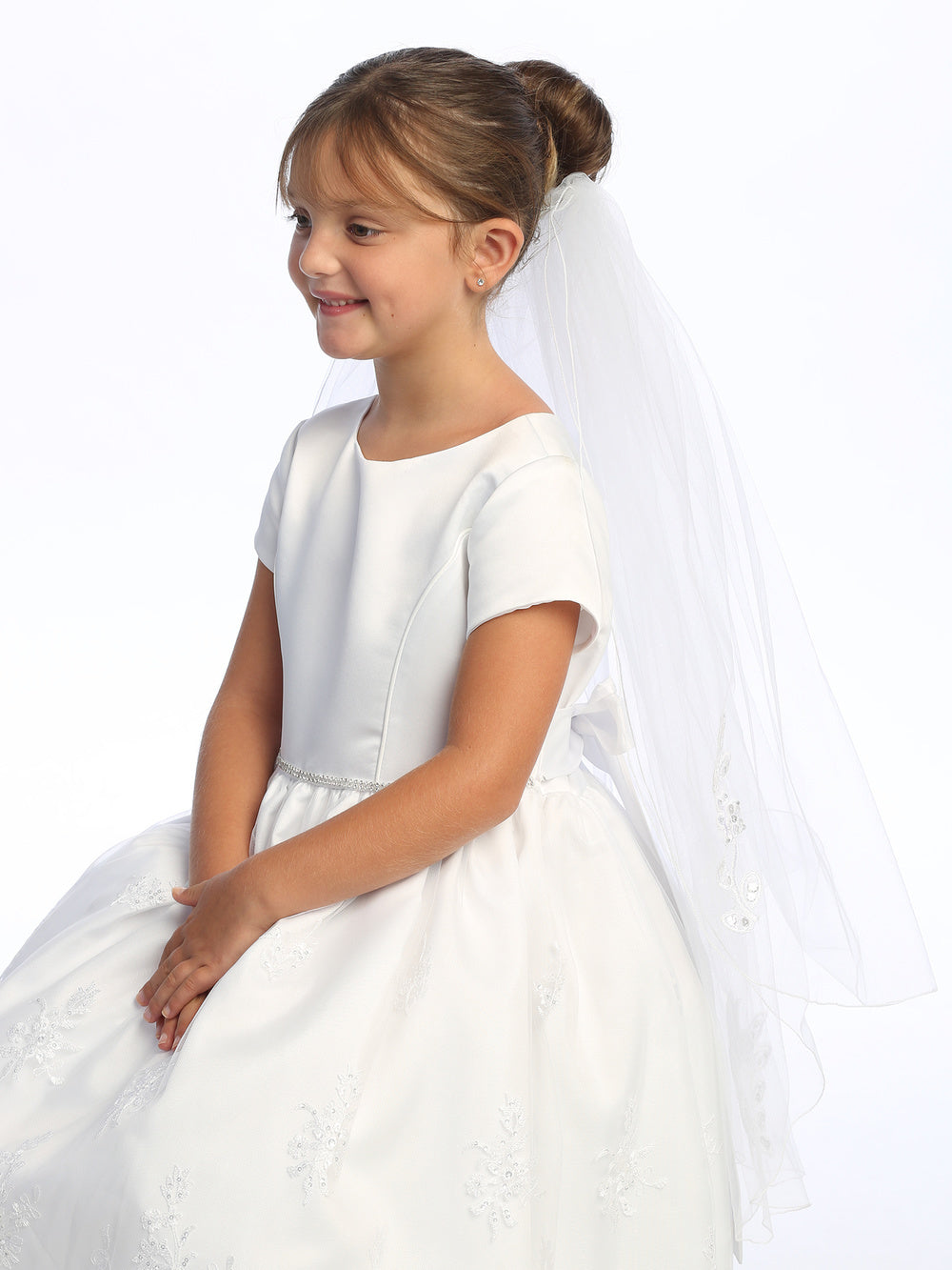 Girls' Two-Tier First Communion Veil with Lace Appliqués
