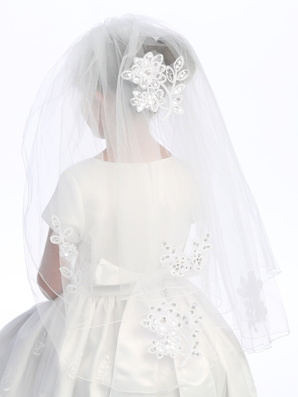 Girls' Two-Tier First Communion Veil with Lace Appliqués