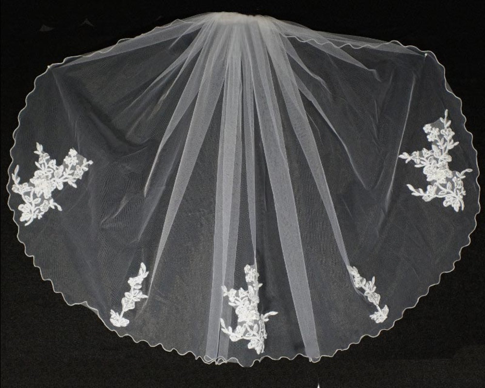 Girls' 30" First Communion Veil with Floral Lace Appliqués