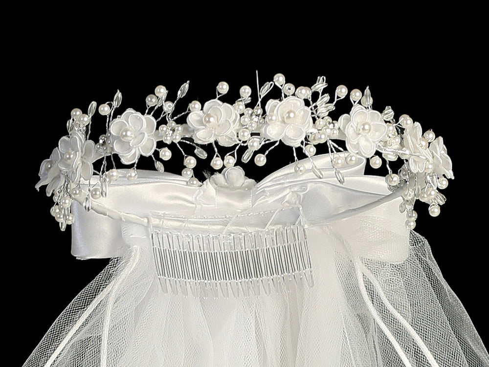24" First Communion Veil with Floral, Pearl & Rhinestone Headpiece