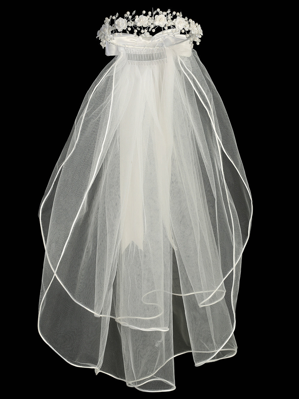 24" First Communion Veil with Floral, Pearl & Rhinestone Headpiece