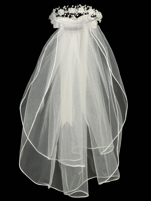 24" First Communion Veil with Floral, Pearl & Rhinestone Headpiece