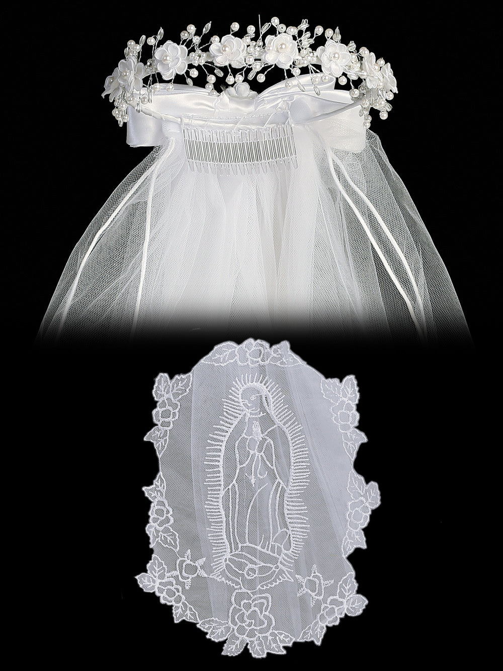 24" Our Lady of Guadalupe Veil with Floral & Beaded Headpiece