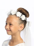 Girls’ 24" First Communion Veil with Silk & Organza Flowers, Pearls & Rhinestones