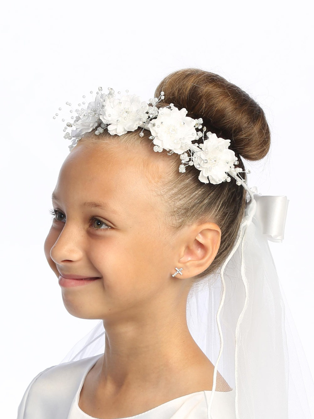 Girls’ 24" First Communion Veil with Silk & Organza Flowers, Pearls & Rhinestones