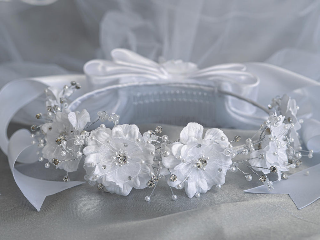 Girls’ 24" First Communion Veil with Silk & Organza Flowers, Pearls & Rhinestones