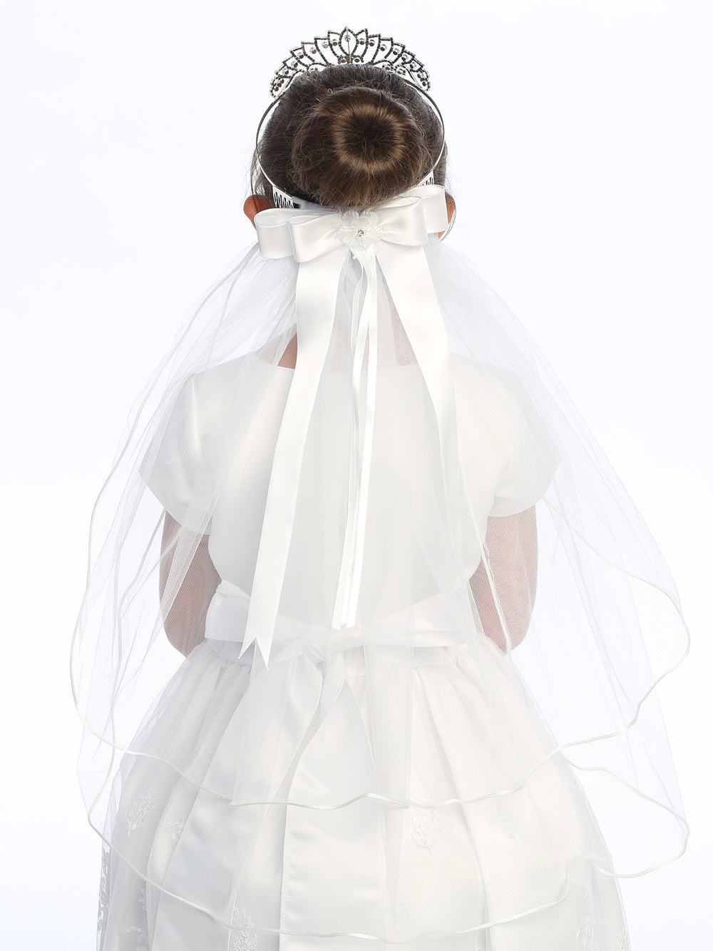 24" Veil on Rhinestone Tiara with Satin Bows