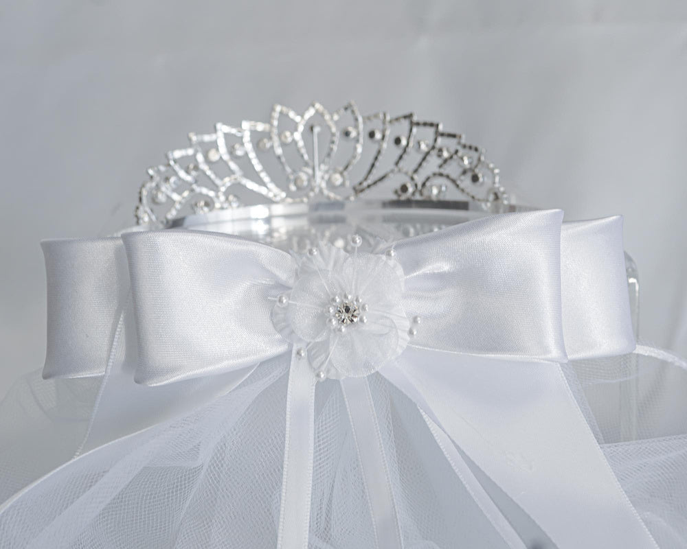 24" Veil on Rhinestone Tiara with Satin Bows