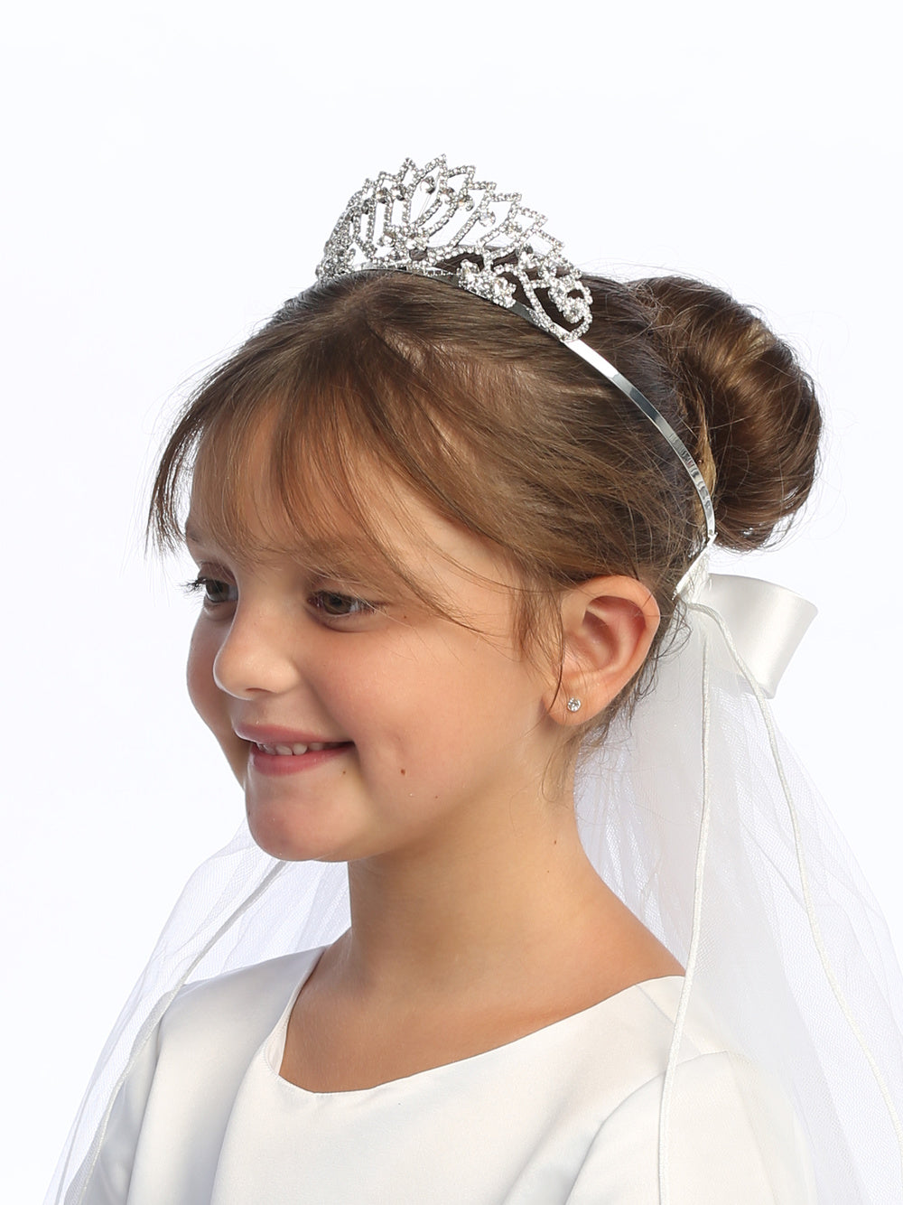 24" Veil on Rhinestone Tiara with Satin Bows