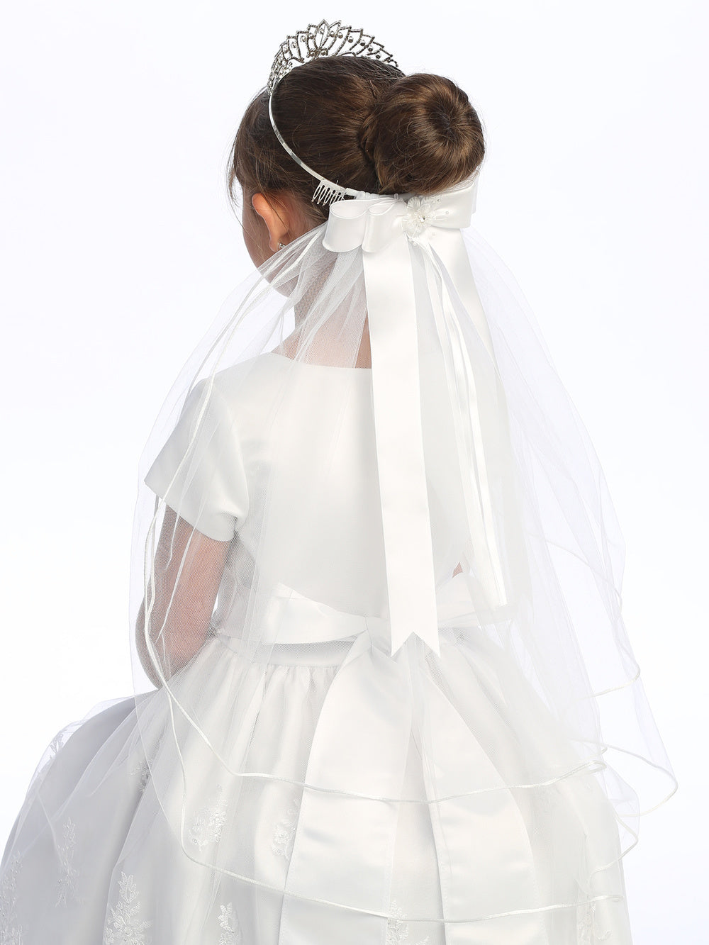 24" Veil on Rhinestone Tiara with Satin Bows