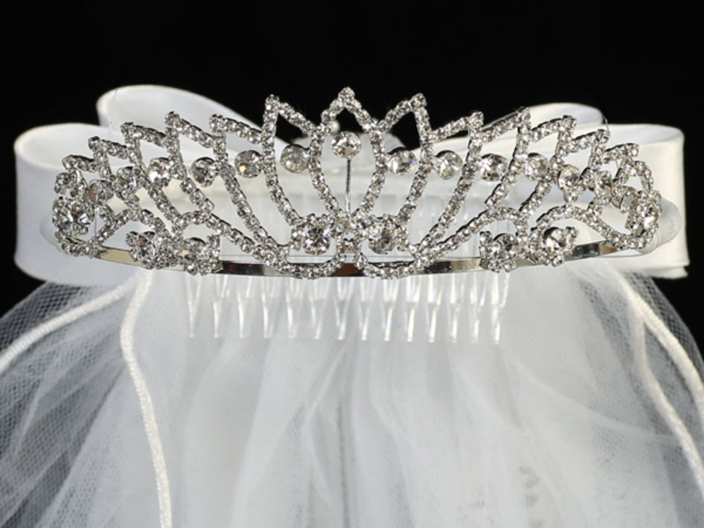 24" Veil on Rhinestone Tiara with Satin Bows