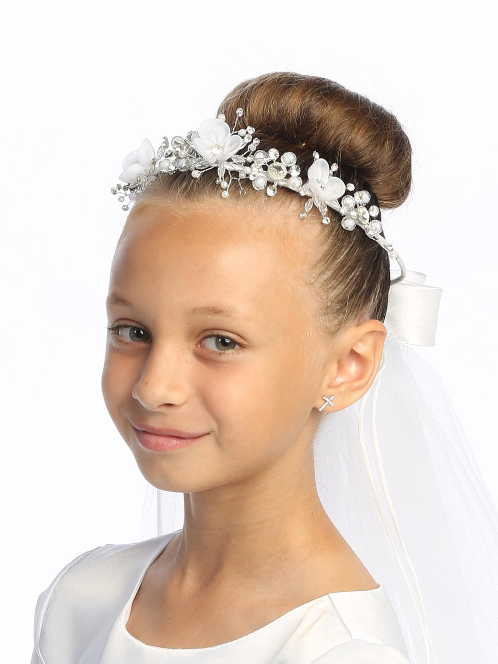 Girls’ Floral First Communion Tiara & Veil with Pearls and Rhinestones