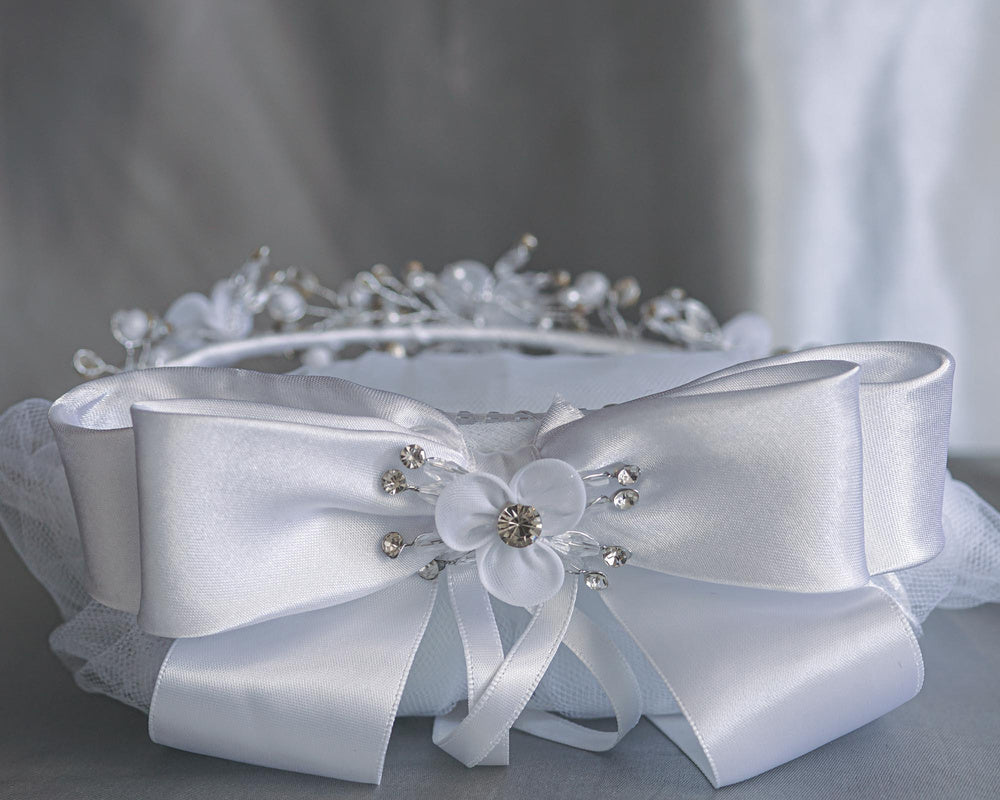 Girls’ Floral First Communion Tiara & Veil with Pearls and Rhinestones