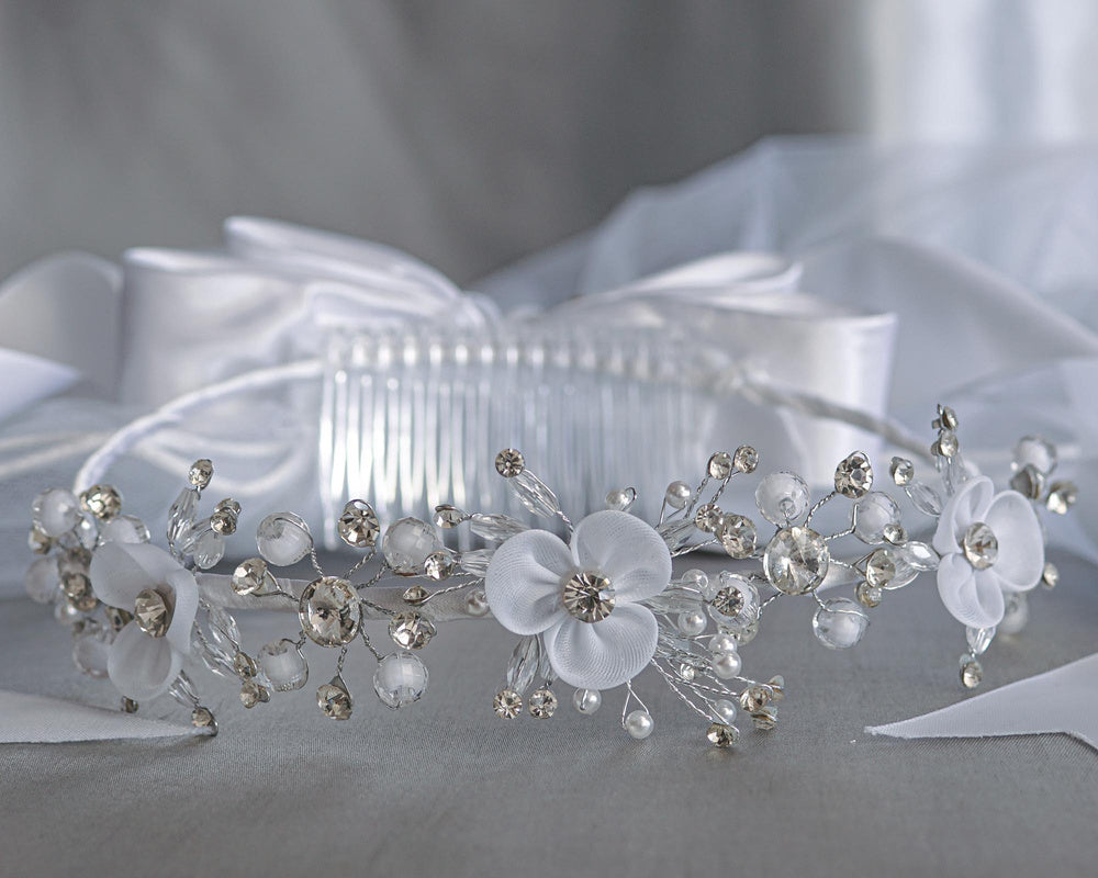 Girls’ Floral First Communion Tiara & Veil with Pearls and Rhinestones