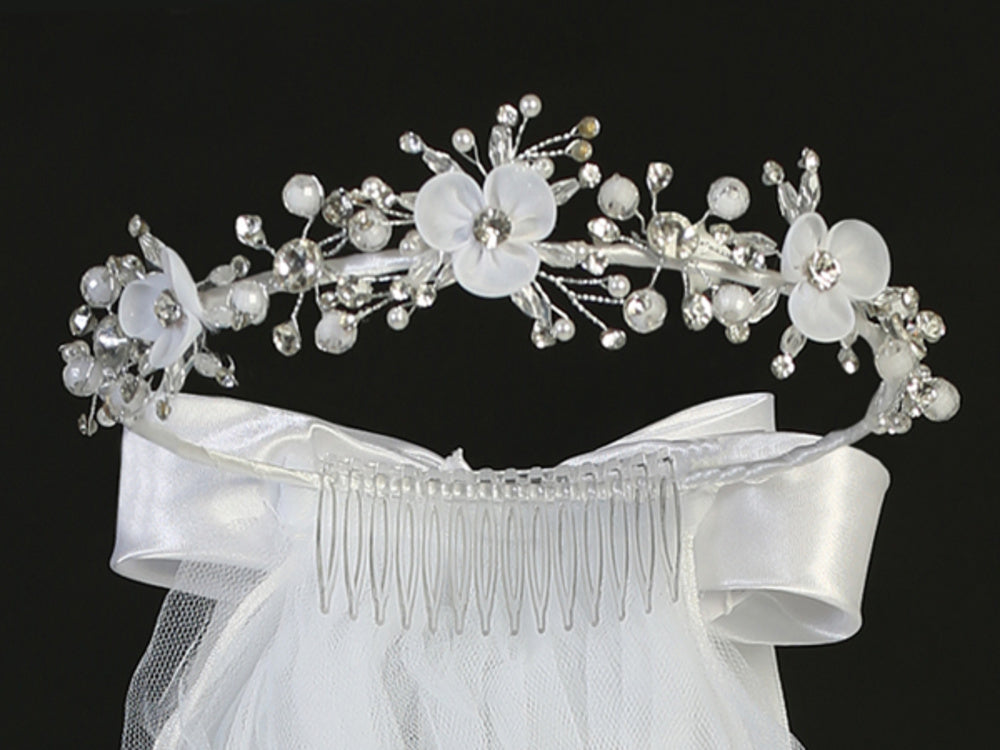 Girls’ Floral First Communion Tiara & Veil with Pearls and Rhinestones