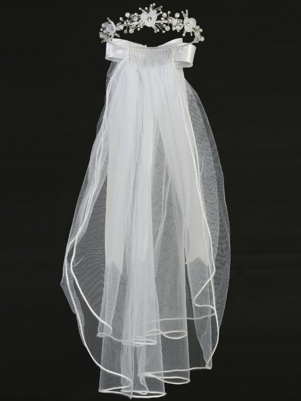 Girls’ Floral First Communion Tiara & Veil with Pearls and Rhinestones