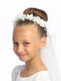 Girls’ 24" First Communion Veil with Organza & Satin Flowers, Pearls & Rhinestones
