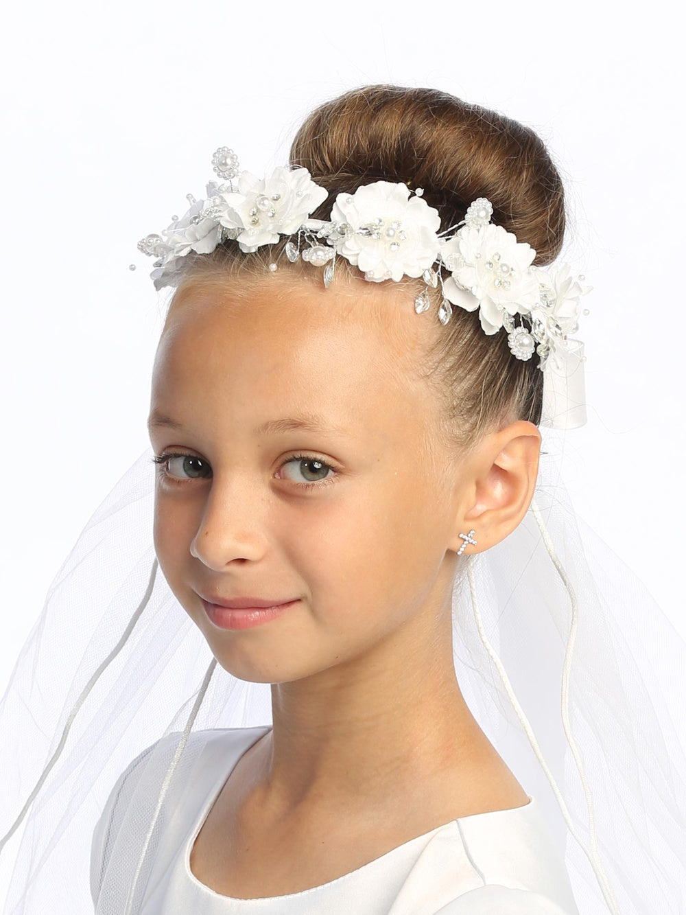 Girls’ 24" First Communion Veil with Silk Organza Flowers, Pearls Rhinestones