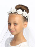 Girls’ 24" First Communion Veil with Silk Organza Flowers, Pearls Rhinestones