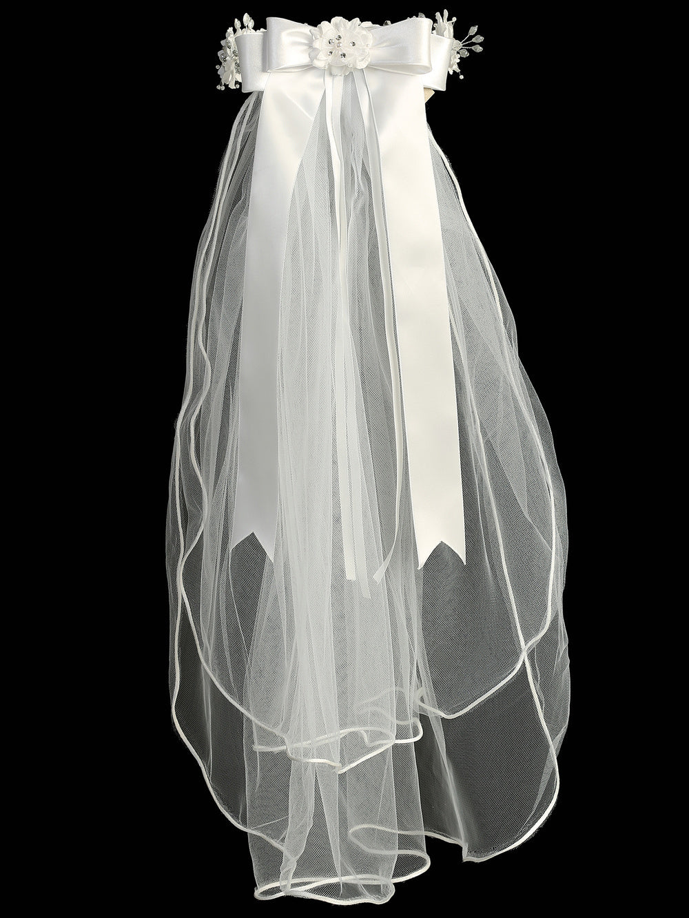Girls’ 24" First Communion Veil with Silk Organza Flowers, Pearls Rhinestones