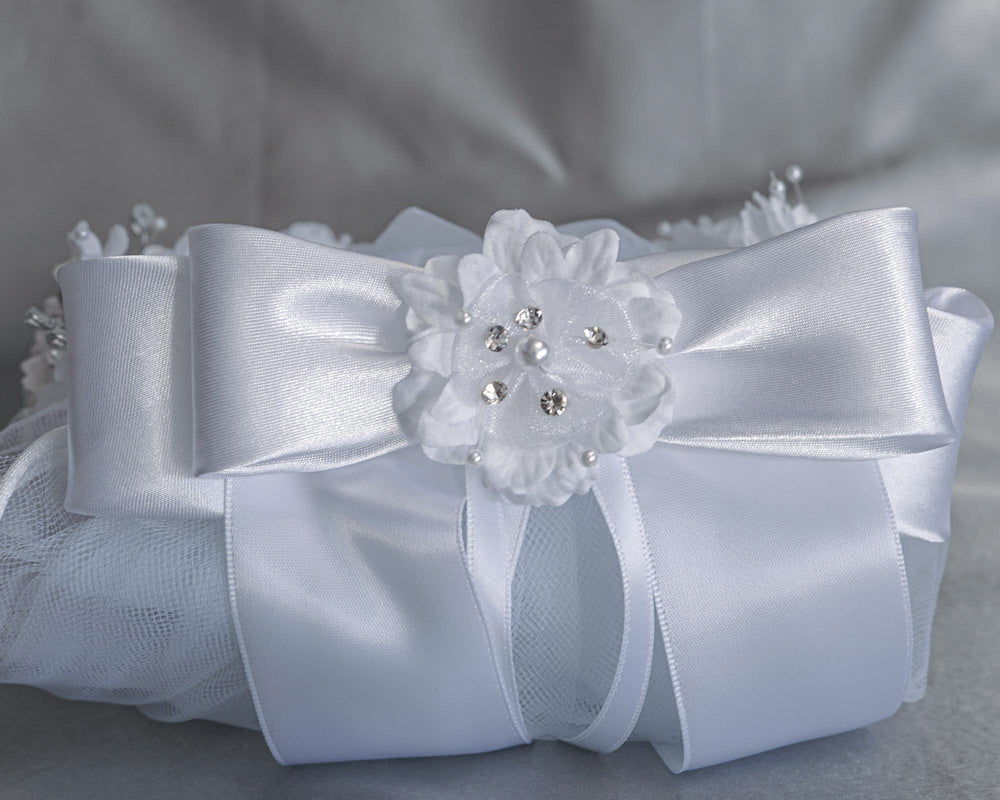 Girls’ 24" First Communion Veil with Silk Organza Flowers, Pearls Rhinestones