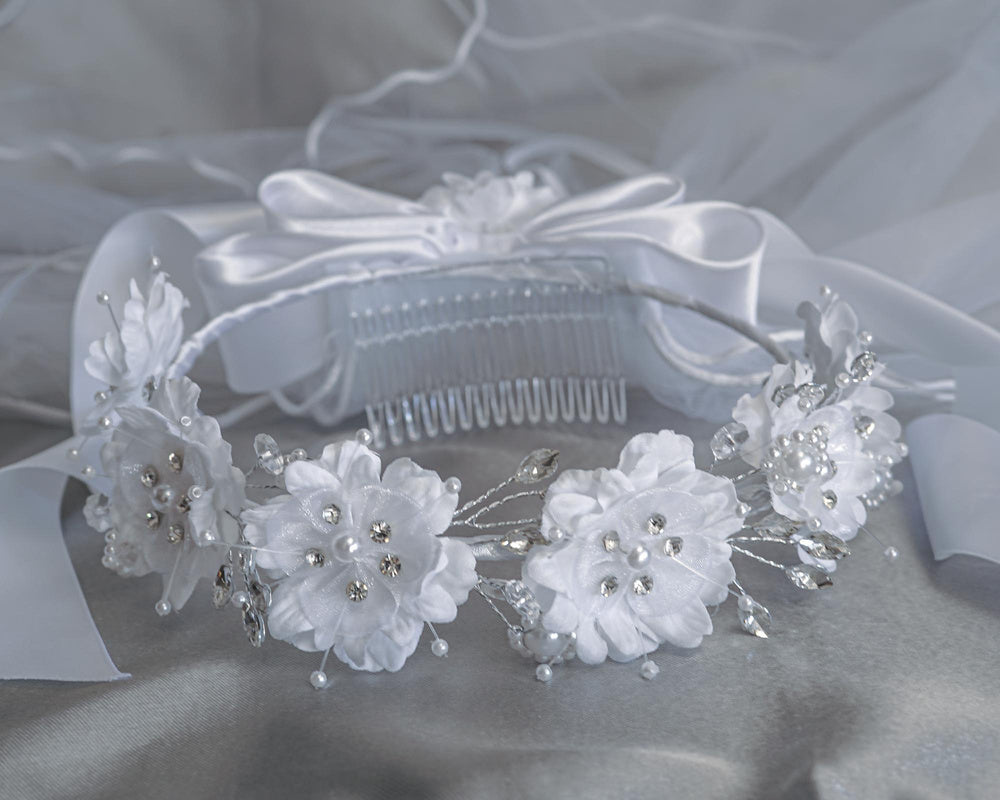 Girls’ 24" First Communion Veil with Silk Organza Flowers, Pearls Rhinestones