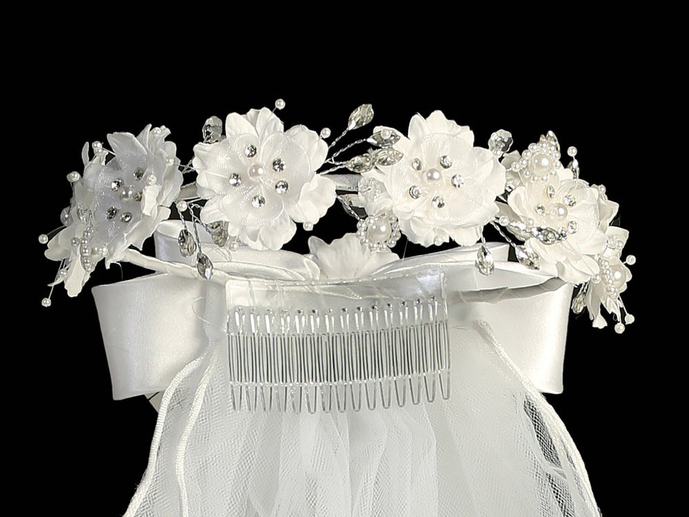 Girls’ 24" First Communion Veil with Silk Organza Flowers, Pearls Rhinestones