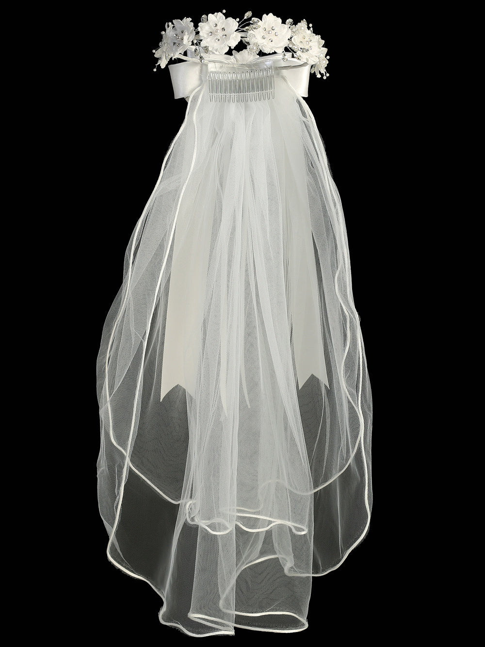 Girls’ 24" First Communion Veil with Silk Organza Flowers, Pearls Rhinestones