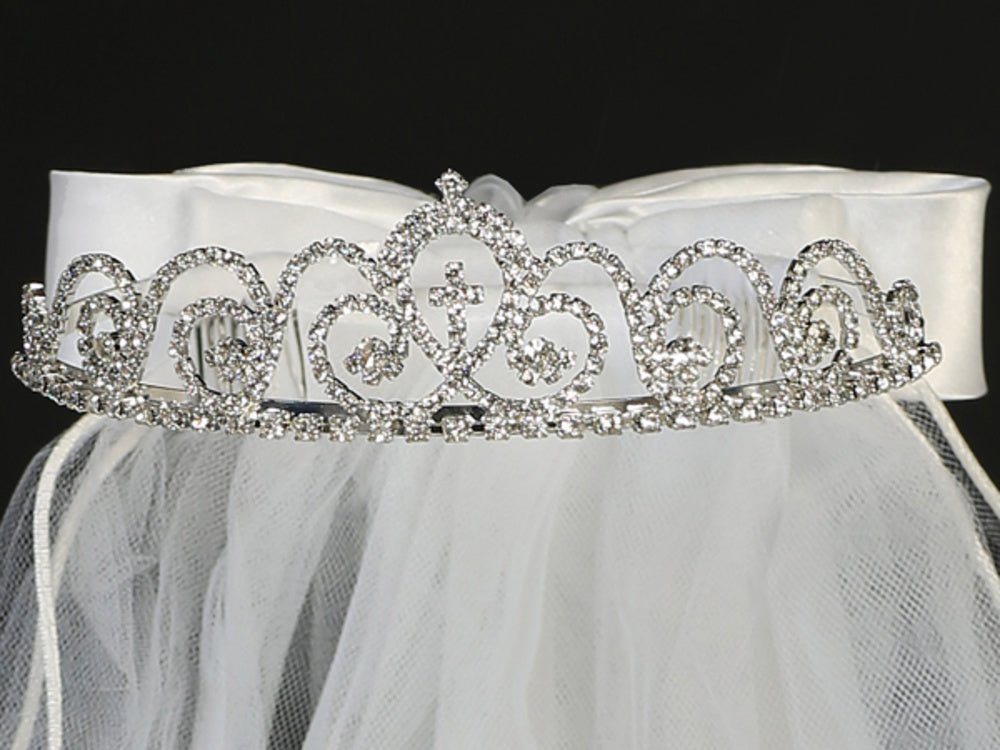 Girls' Rhinestone Cross Tiara with 24" First Communion Veil